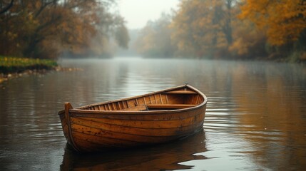 Obraz premium A tranquil wooden boat floating gently on a calm river amidst serene autumn scenery and soft mist