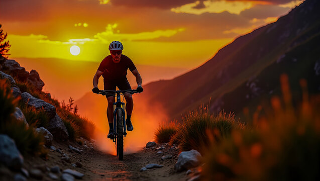 Silhouette of a mountain biker cycling along a rugged mountain trail at sunset, with a radiant sun setting between the mountain peaks.