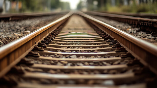 A close-up view of railway tracks leading into the distance, emphasizing perspective and depth.