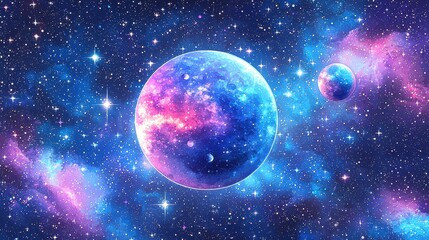 A vibrant cosmic scene featuring two planets amidst colorful nebulas and twinkling stars in a starry sky.