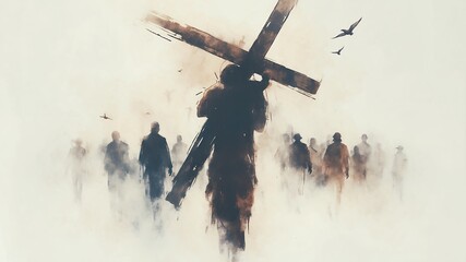 Jesus Carrying Wooden Cross Through Crowd Silhouette Illustration Artwork