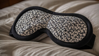 An eye mask rests on a bed, implying peaceful sleep and relaxation, the patterned fabric suggesting comfort and tranquility. 