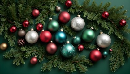 A still life photograph features a collection of Christmas ornaments and evergreen branches arranged against a solid green background