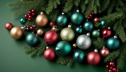 Obraz premium A still life photograph features a collection of Christmas ornaments and evergreen branches arranged against a solid green background