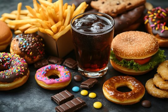 Selection of unhealthy foods including donuts fries burger soda and chocolate.