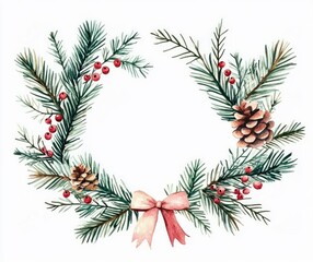 Christmas Watercolor Floral Frame with Pine Branches and Berries - Isolated White Background for Text