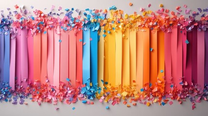 Brightly colored paper streamers are scattered on a wall