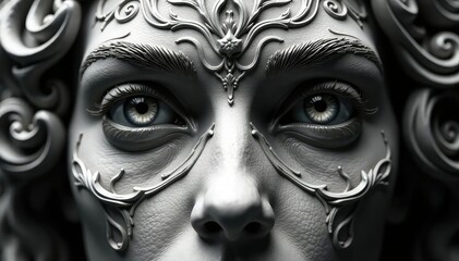 Obraz premium Symmetrical face-like pattern in grayscale, intricate details, symmetrical, visual