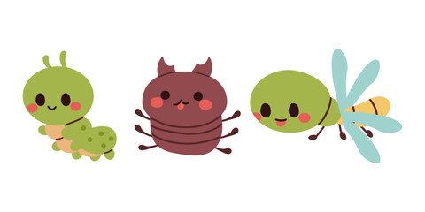 Cartoon insect characters. Children cute bug funny insects mascot, happy beetle garden set, swanky vector illustration original artwork , hand drawn illustration isolate on white.