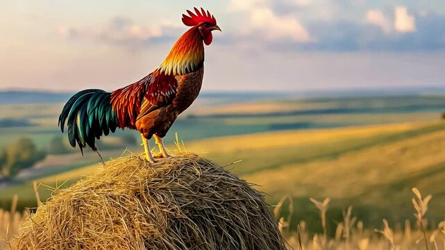 A rooster standing on top of a haystack, crowing at sunrise.