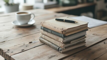Fototapeta premium Stack of Vintage Books with Fountain Pen and Coffee on Rustic Wooden Table