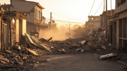 Fototapeta premium Earthquake Aftermath in Rural Village with Crumbled Houses and Rescue Teams