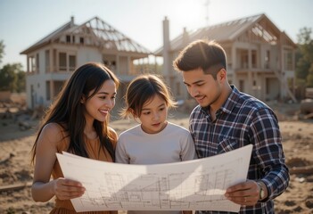 Family discusses building plans on construction site during golden hour