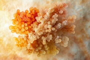Intricate, organically-shaped clusters of orange and beige orbs, resembling coral or a microscopic...