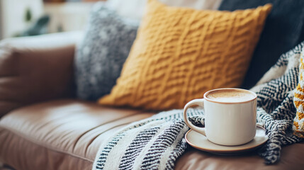 A cozy scene featuring a cup of coffee on a sofa with decorative pillows and a blanket.