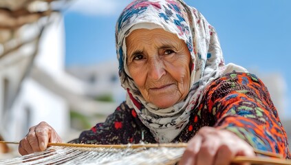 Elderly woman wearing headscarf weaving on a loom outdoors in daylight.