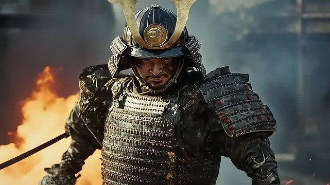 A fierce samurai warrior in traditional armor charges through a fiery battlefield, showcasing bravery