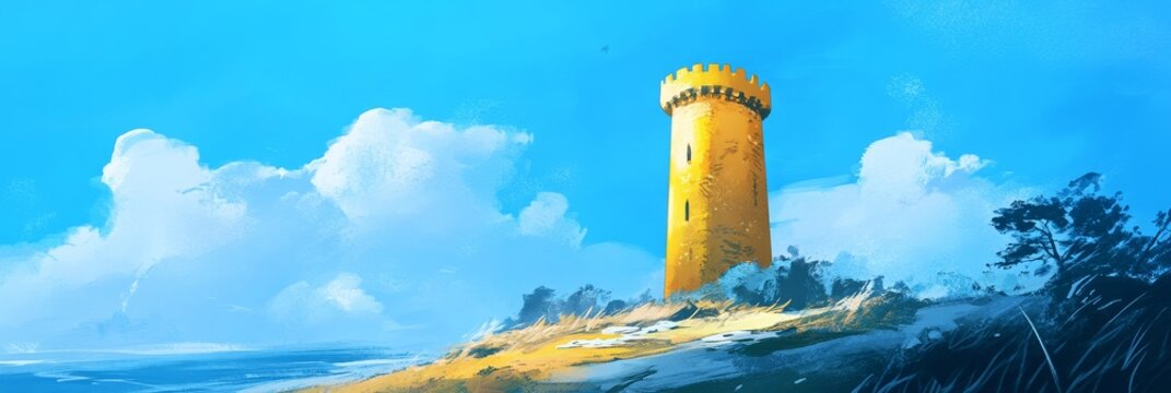 A tall yellow tower stands on a grassy hill near