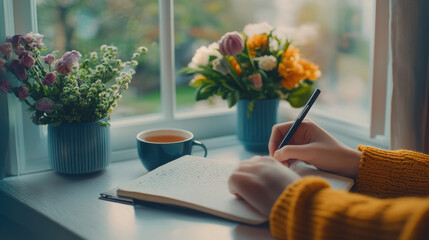A cozy scene with a person writing in a notebook by a window with flowers and tea.