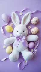 festive Easter plush bunny and pastel eggs on light purple background