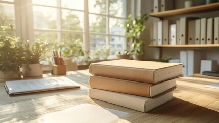 Stack of Books on Wooden Desk in Sunny Office Workspace near Window