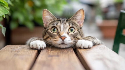 A curious tabby cat rests its head on a wooden surface, gazing intently.