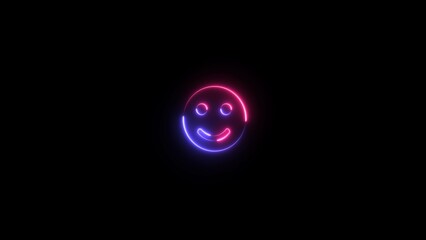 Glowing neon smile and happy face image on black background. Neon glowing happy smile icon illustration.