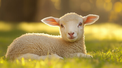 Naklejka premium A cute lamb resting on green grass with a soft background.