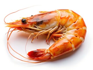 A vibrant, glistening prawn, perfectly cooked and ready to be savored, showcasing its rich orange hues and intricate details against a stark white background.