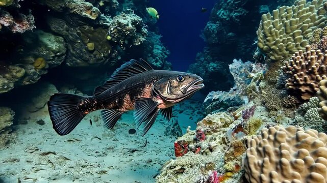 A school of Antarctic toothfish swimming near a frozen coral reef, mysterious and elusive.