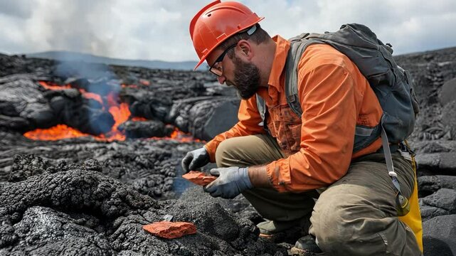 A scientist collecting rock samples near an active lava flow, studying the Earth's inner forces.