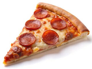 A delicious slice of pepperoni pizza, perfect comfort food with melted cheese and crisp crust against a bright white background.