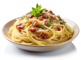 Creamy dreamy spaghetti carbonara, a classic Italian comfort food delight, garnished with fresh basil and a hint of parmesan cheese in a shallow beige bowl.