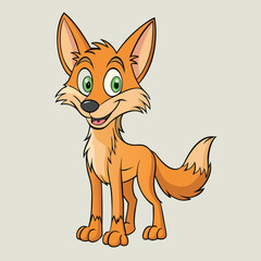 Standing Orange Cartoon Fox with Green Eyes on a Light Grey Background