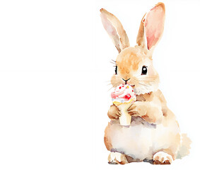 Obraz premium cute rabbit holding ice cream cone, showcasing playful and whimsical scene. soft colors and gentle expression evoke joy and delight
