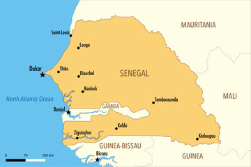 Obraz premium Vector Map of Senegal with Major Cities and Neighboring Countries – Editable Digital Illustration