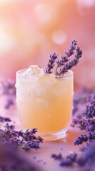 Limoncello Lavender Cocktail. Refreshing drink with a hint of lavender is served in a glass with ice and lavender flowers on top. The drink is a lavender lemonade, which is a popular summer beverage.