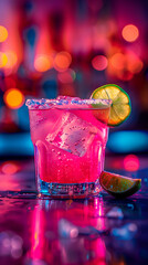 Prickly Pear Margarita Cocktail. Colorful drink with a lime slice on top is served in a glass. The drink is pink and has a bubbly texture, making it look refreshing and inviting