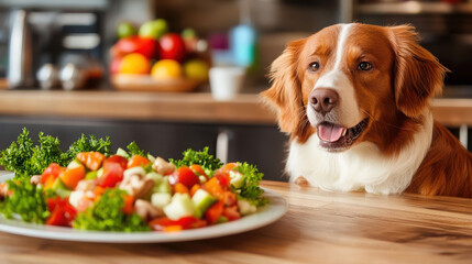 A dog eagerly watches a vibrant salad on a kitchen table.