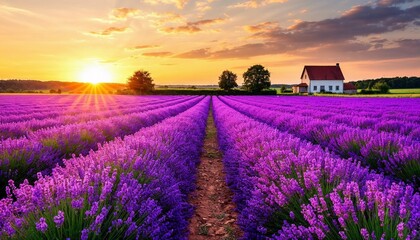 Obraz premium Lavender field at sunset with a house in the background 