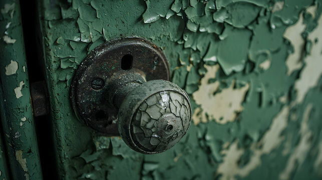 Close Up of Aged Green Metal Door Knob with Peeling Paint