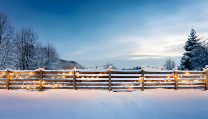 Snow-covered landscape with a wooden fence and frosted trees under a bright blue sky at dawn