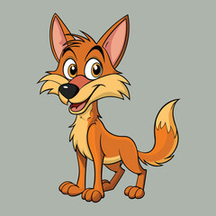 Cartoon Orange Fox Standing Isolated with Grey Background and Tail Up in the Air