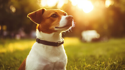A dog sitting in a sunlit field, enjoying the warm atmosphere.