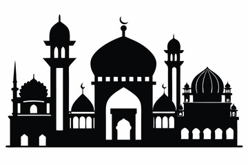 Detailed Mosque Silhouette with Crescent Moons Islamic Architecture Isolated