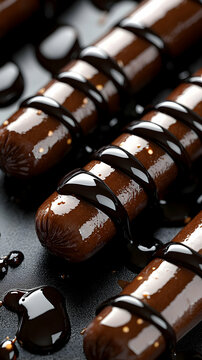 Naklejki Close-Up of Chocolate-Covered Sausages Drizzled with Dark Chocolate Sauce