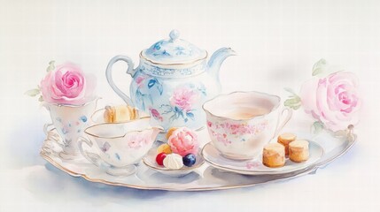 Fototapeta premium Watercolor illustration of British afternoon tea,tea break in the English style,tea set with Afternoon tea stand with macaroons and scone,cake,cup of tea,Tea time dessert table,vintage style.