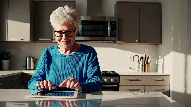Smiling elderly caucasian woman in blue sweater uses tablet at kitchen counter with morning sunlight casting shadows on modern cabinets. Concept of digital engagement in senior daily life