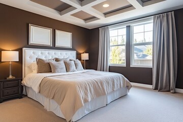 Beautiful bedroom interior shows an upholstered bed and decorative lighting