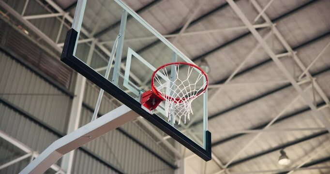 Empty, games and basketball in net, hoop and competition in campus court, pole and sports in university. Match, scoring and achievement in college gymnasium, dunk and win in school stadium or victory